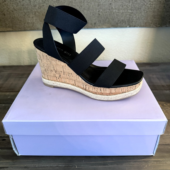 NEW Steve Madden Madden Girl Wedge Sandals Black Cork Heel Open Toe Womens 7.5 - Picture 1 of 8